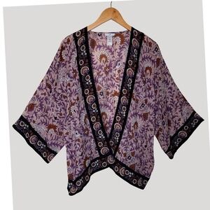 J.Jill Womens Purple Floral Cotton Gauze Kimono Cardigan S-L Open Front Boho